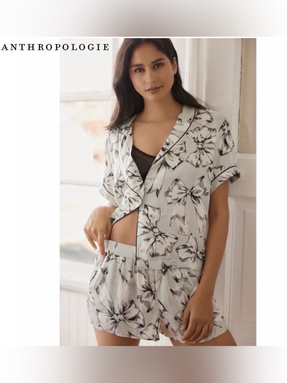 Anthropologie LyreBird Silky Viscose Mint/Sage Bow 2 Piece Pajama Set – XS